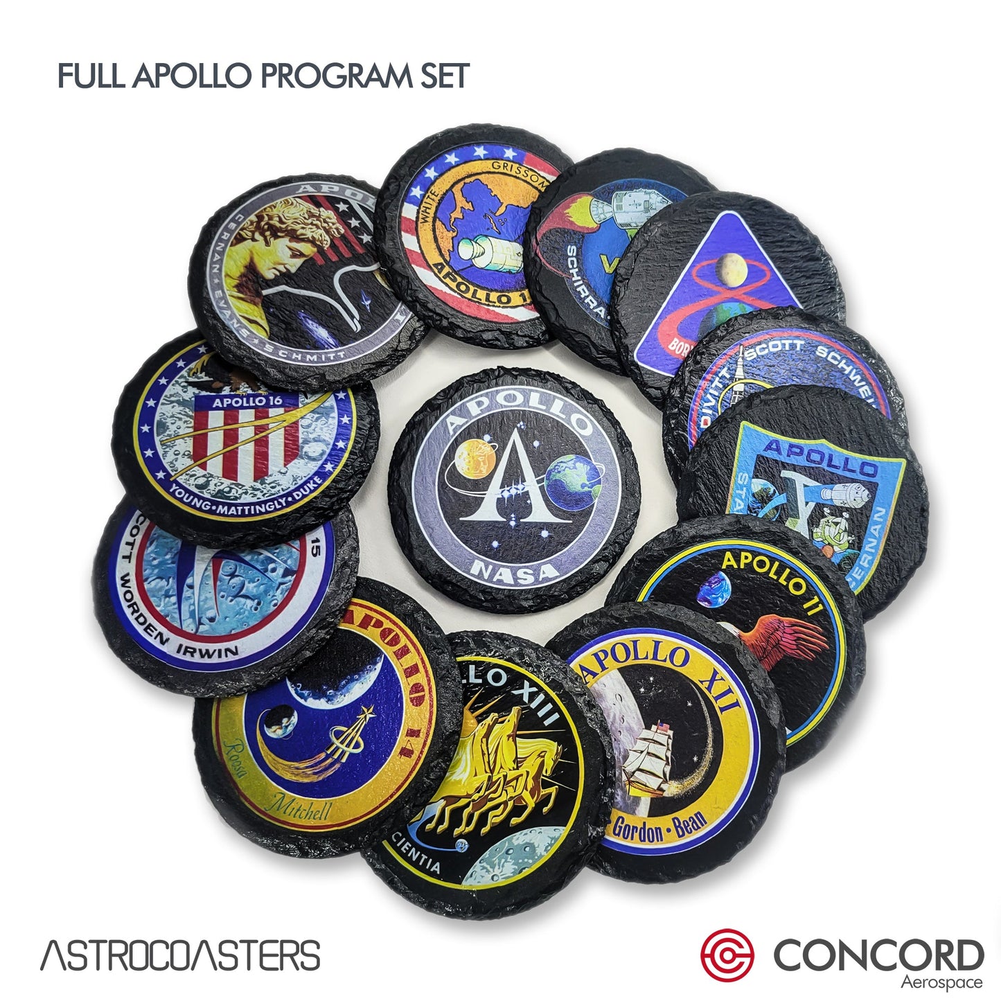 APOLLO FULL PROGRAM - 13 SLATE COASTERS SET - Concord Aerospace Concord Aerospace Concord Aerospace Coasters
